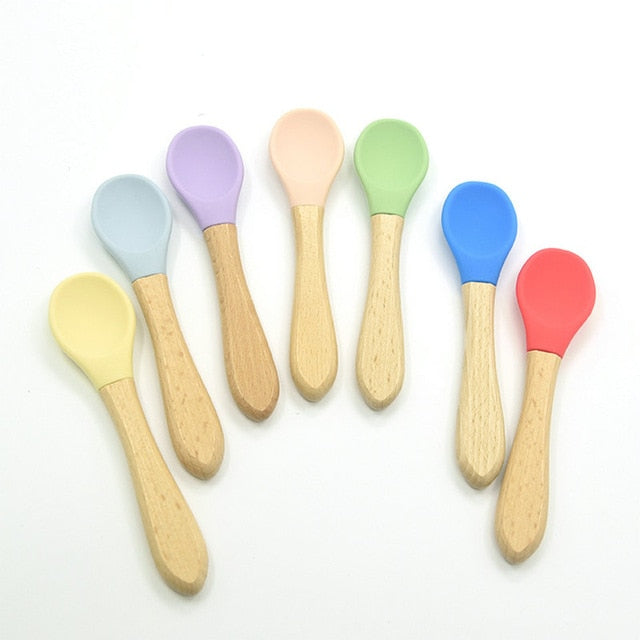 2PCS Baby Bamboo Training Spoons Organic Soft Baby Feeding Silicone Tip Spoon Scoop Easy Grip Handle Toddlers Infant Gifts